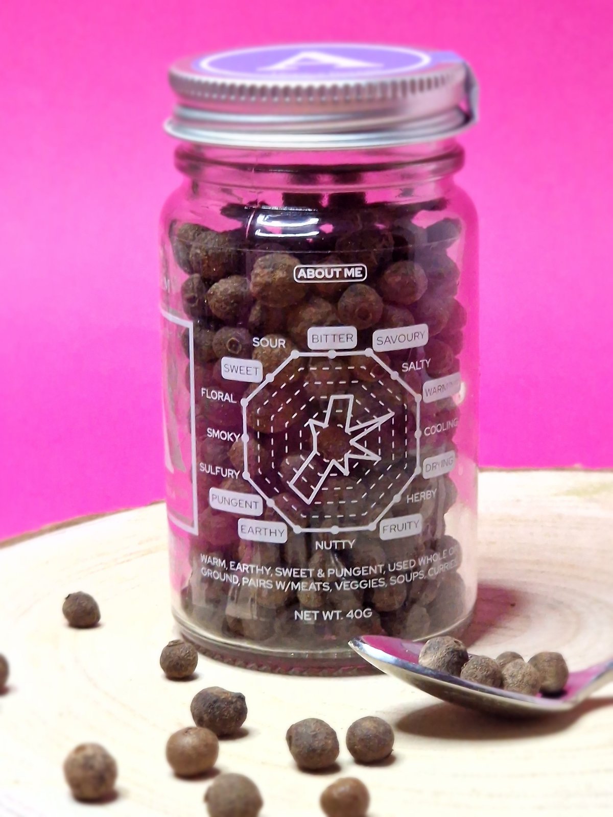 Image of allspice berries, showcasing their dark brown, round form. These berries offer a warm, aromatic flavour that combines hints of cinnamon, cloves, and nutmeg, perfect for enhancing a variety of dishes