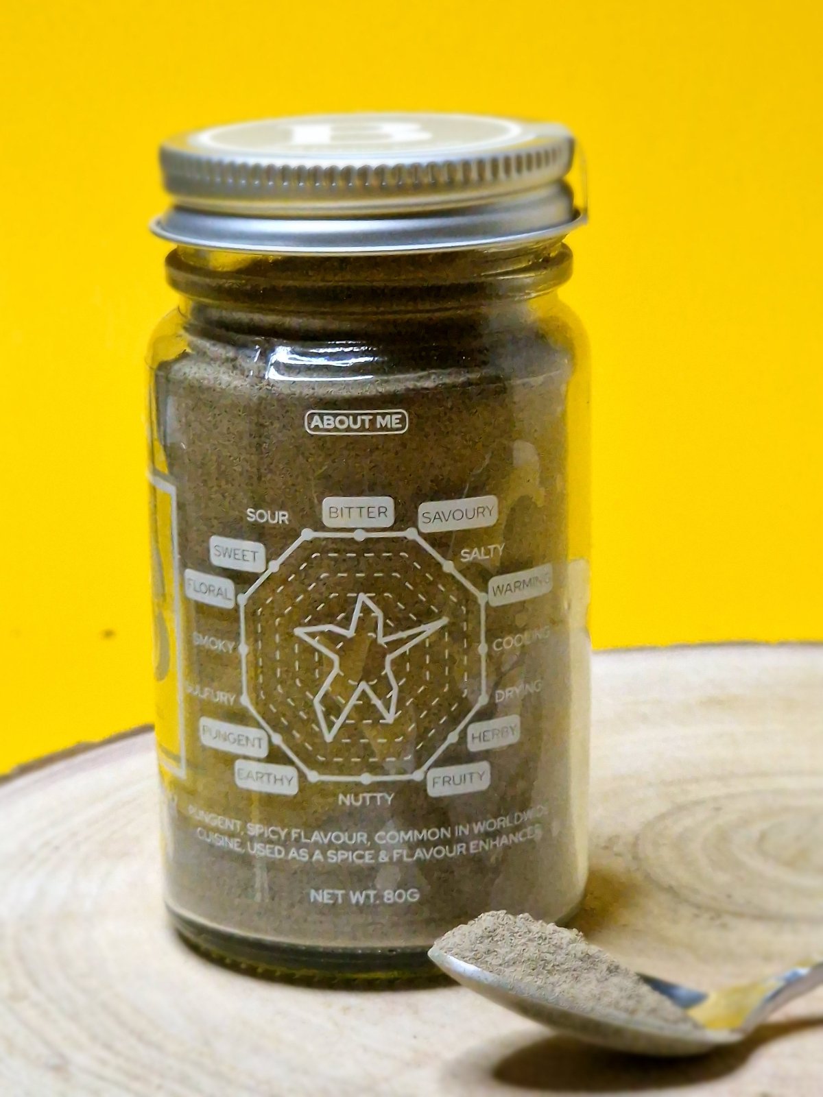 Flavour chart for Black Pepper Powder illustrating its sharp, pungent taste with woody undertones.