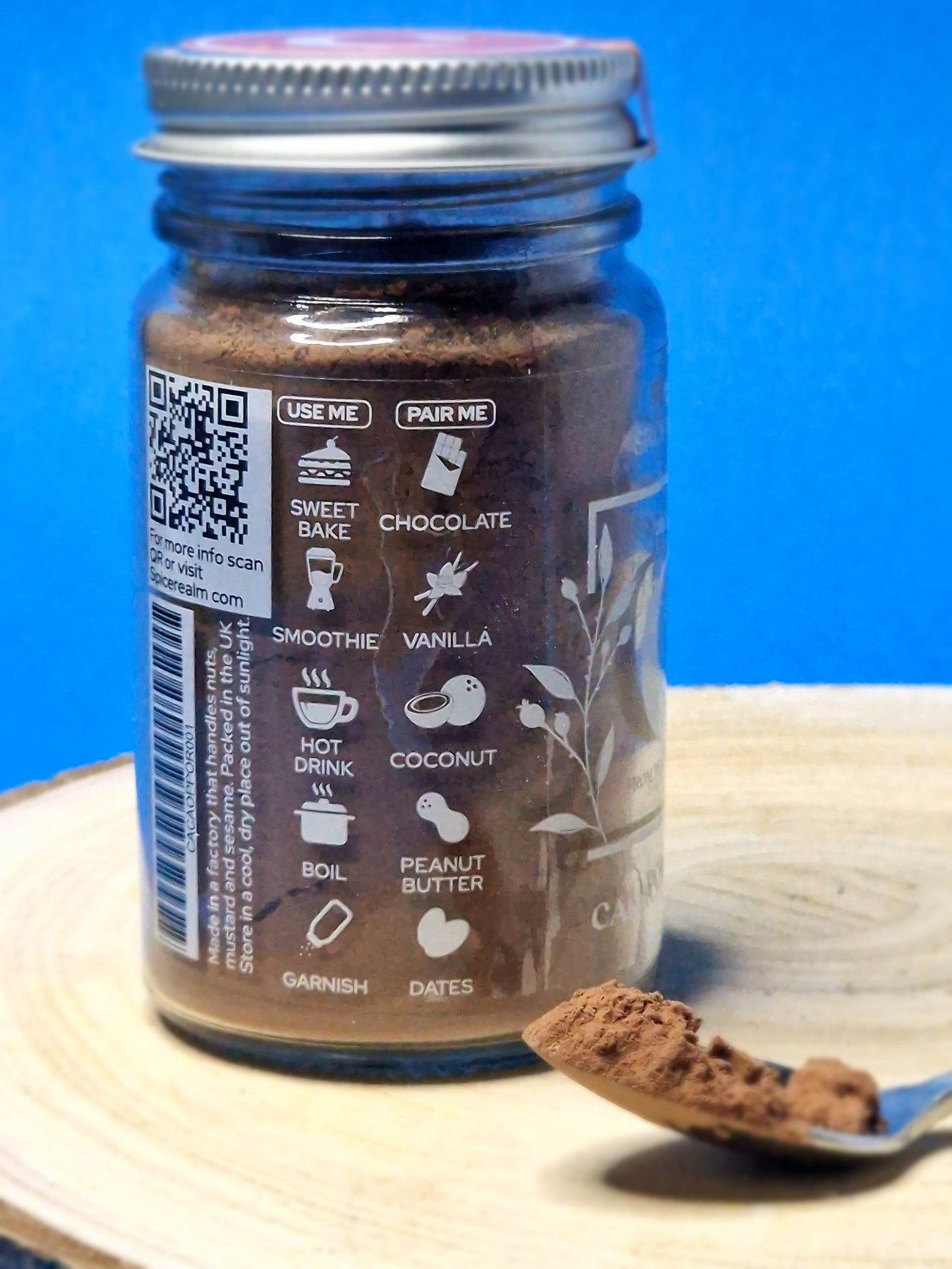 Usage and pairing suggestions for Cacao Powder: use in hot chocolate, blend into desserts, pair with nuts