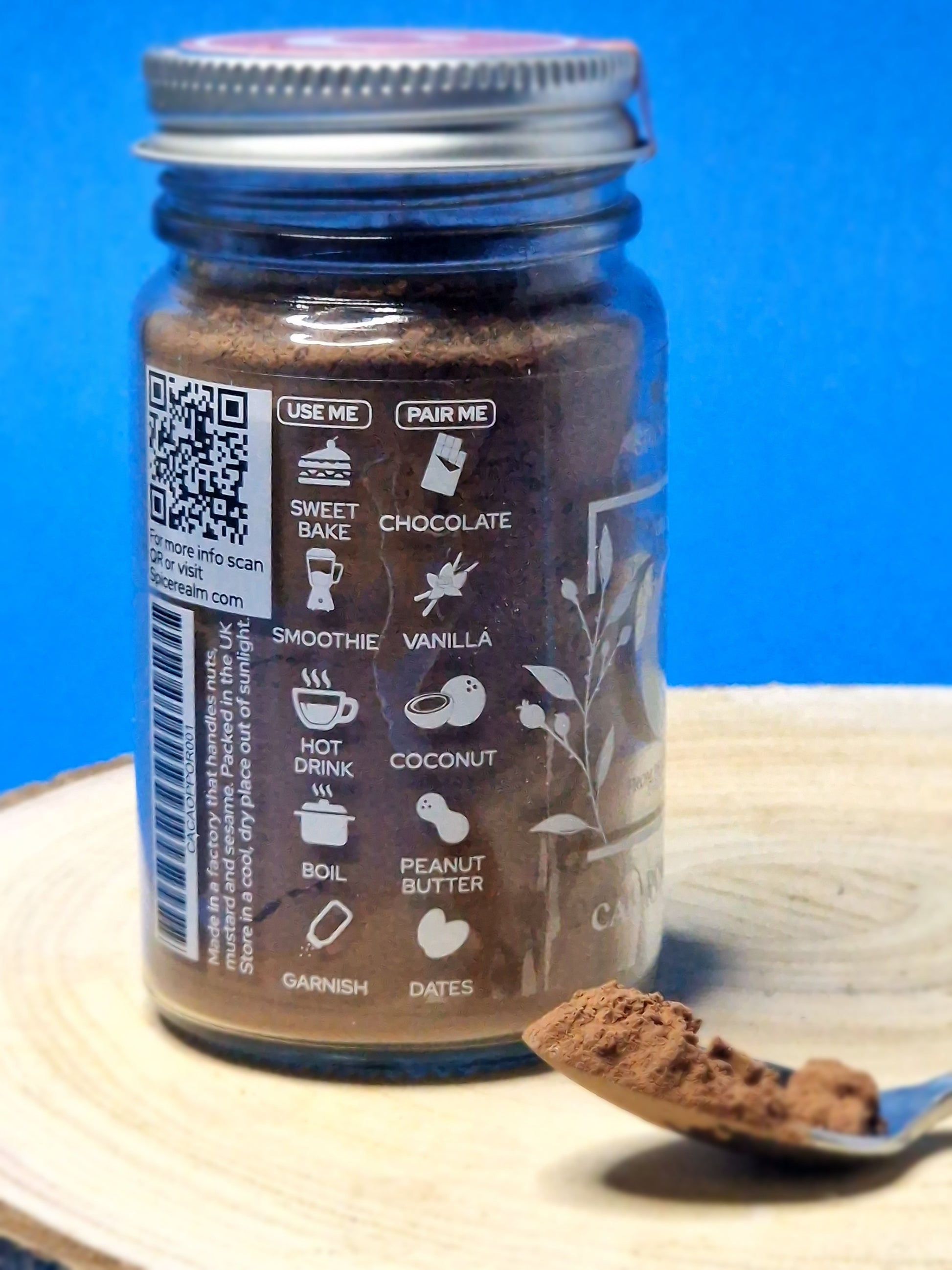 Usage and pairing suggestions for Cacao Powder: use in hot chocolate, blend into desserts, pair with nuts
