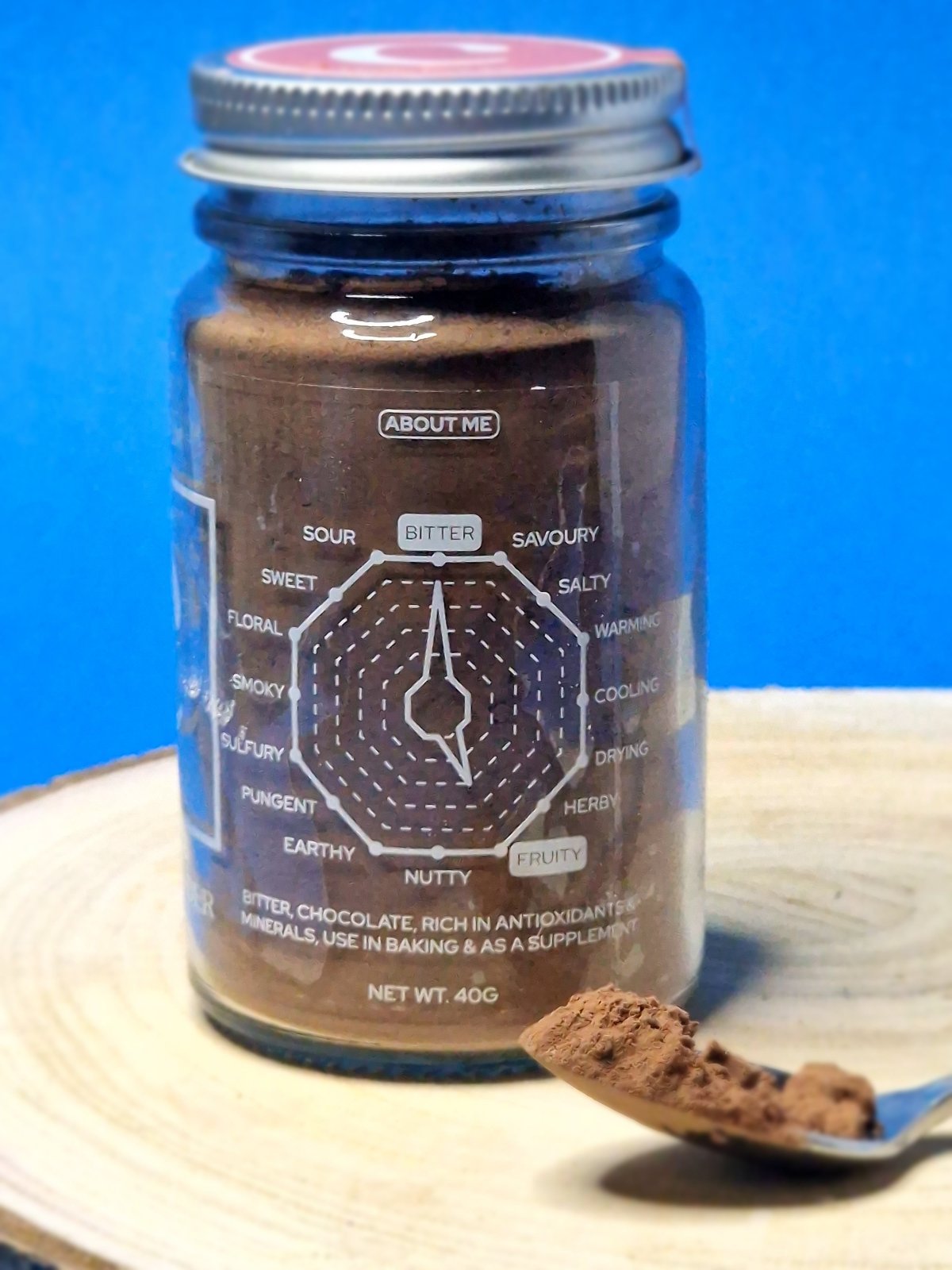 Taste chart for Cacao Powder illustrating its deep, chocolatey flavour with subtle bitter notes