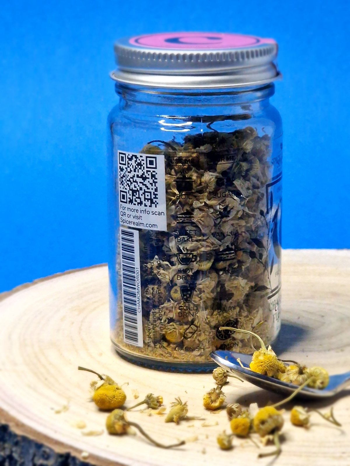 Usage and pairing ideas for Chamomile Flowers: brew as tea, infuse in desserts, pair with honey and lemon