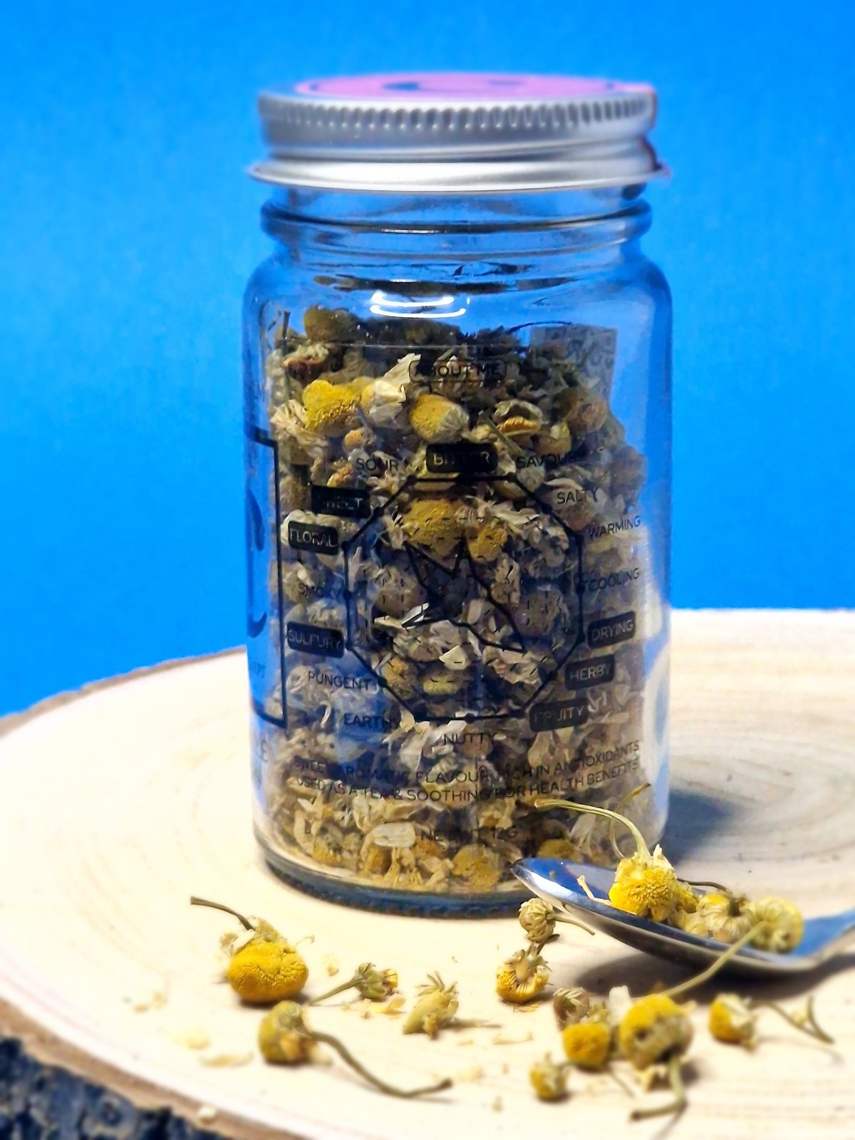 Taste diagram for Chamomile Flowers showing their sweet, apple-like flavour with floral undertones