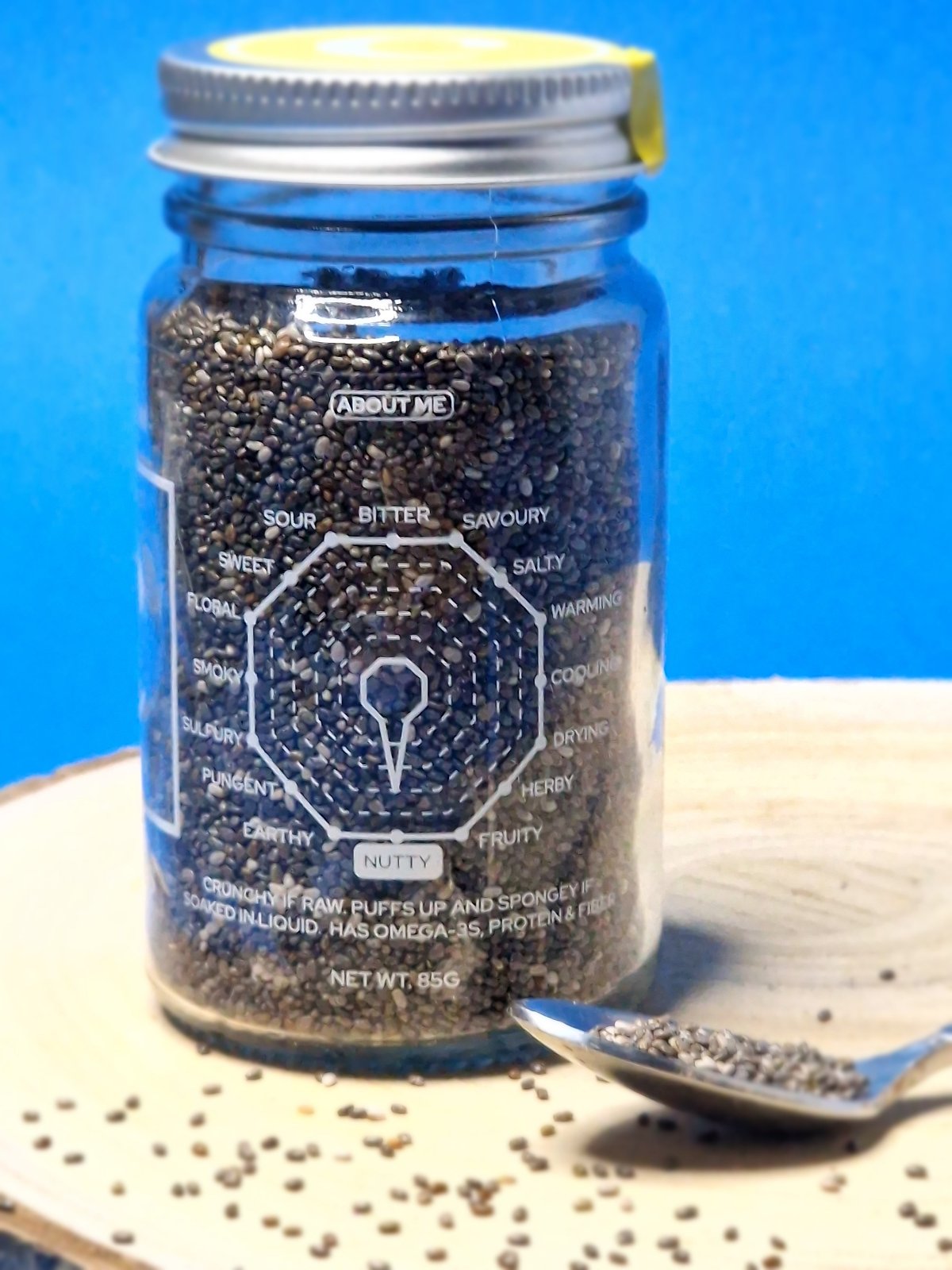 Flavour chart for Chia Seeds illustrating their mild, nutty taste and unique gel-forming properties
