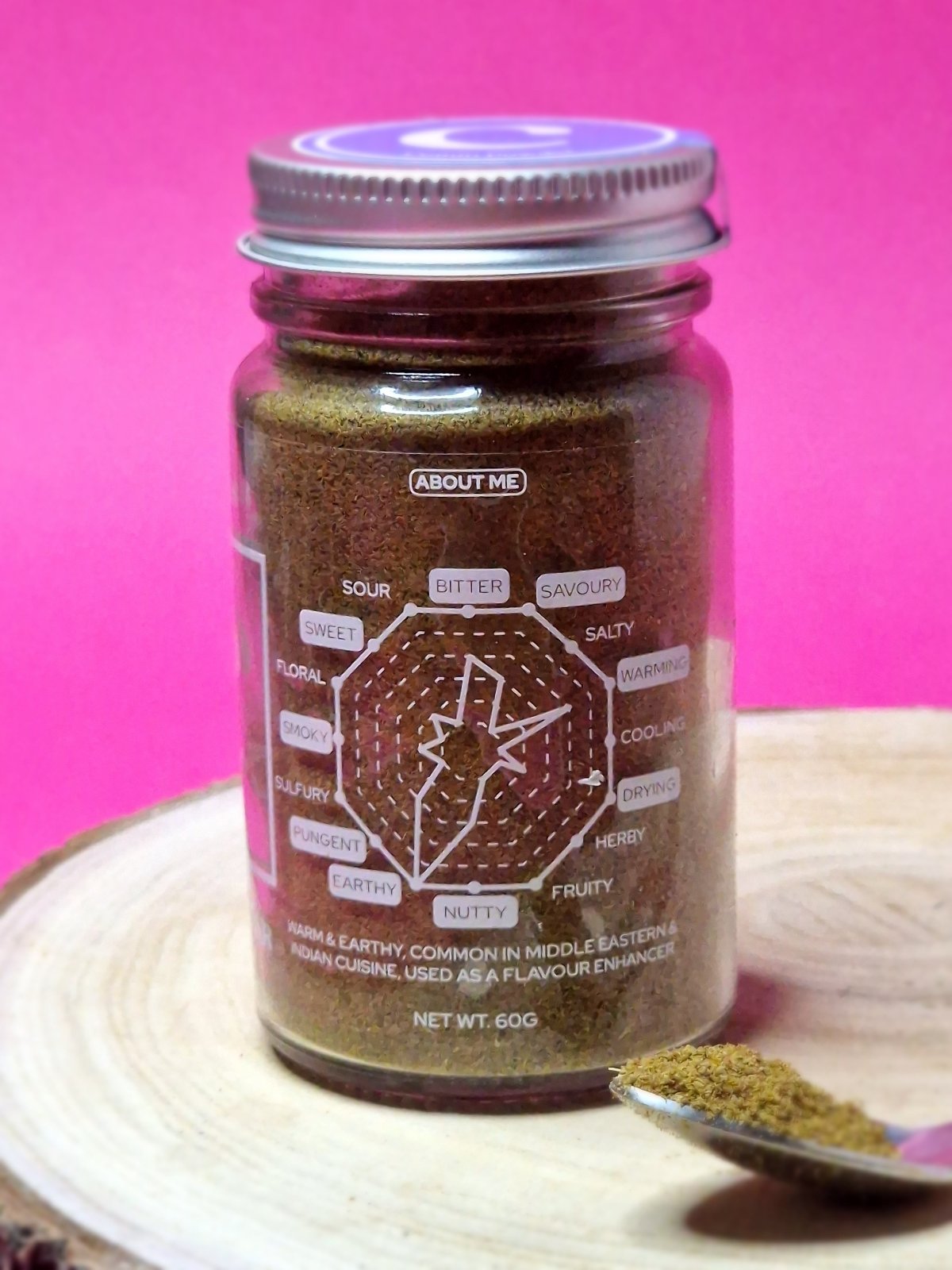 Flavour diagram of Cumin Powder highlighting its earthy, nutty taste with a hint of bitterness