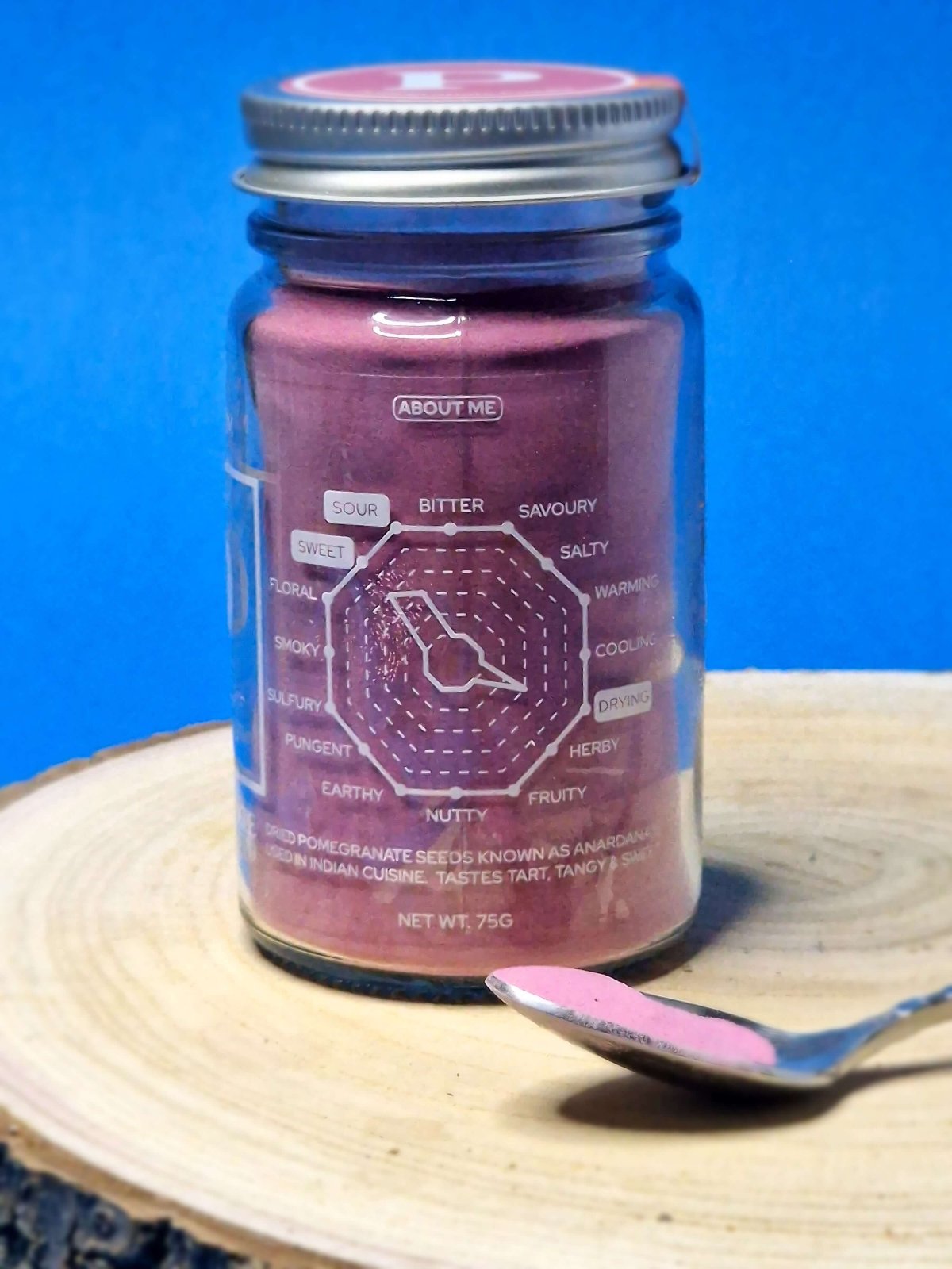 Flavour wheel for Pomegranate Powder depicting its tart, fruity taste with subtle sweet notes