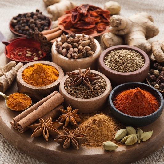 A selection of global spices including Asafoetida and Kashmiri Chilli Powder.