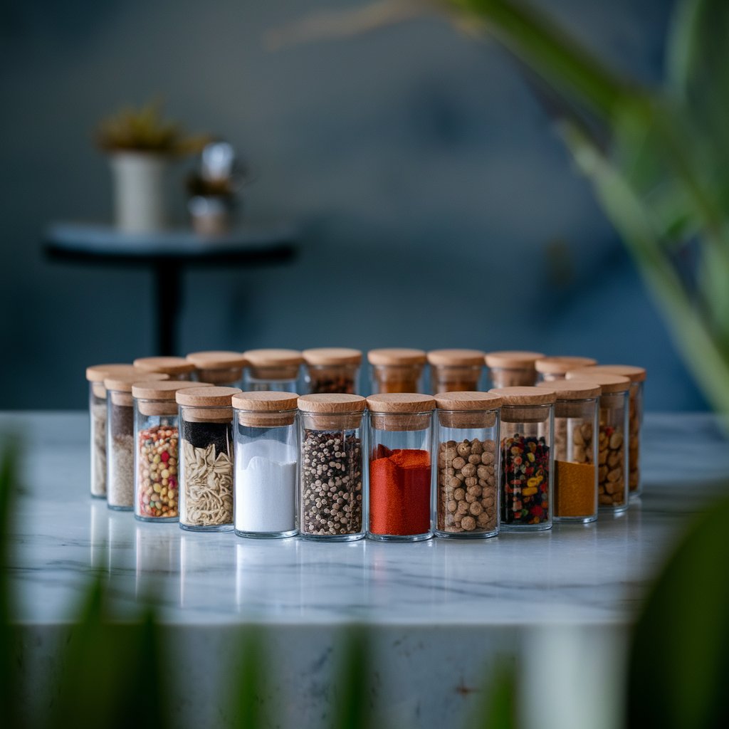 A spice rack featuring organic, additive-free spices for a healthier kitchen.