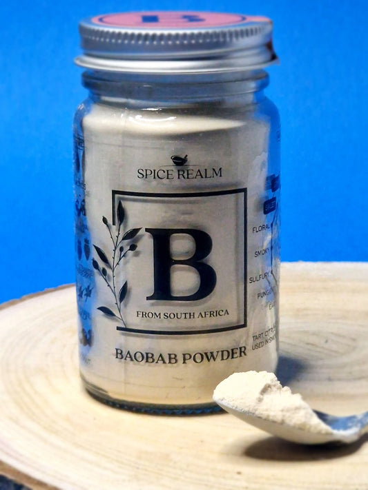 mage of baobab powder, showcasing its fine, pale texture. Known for its tangy, citrus-like flavour and rich nutrient content, it's commonly used in smoothies, drinks, and health foods.