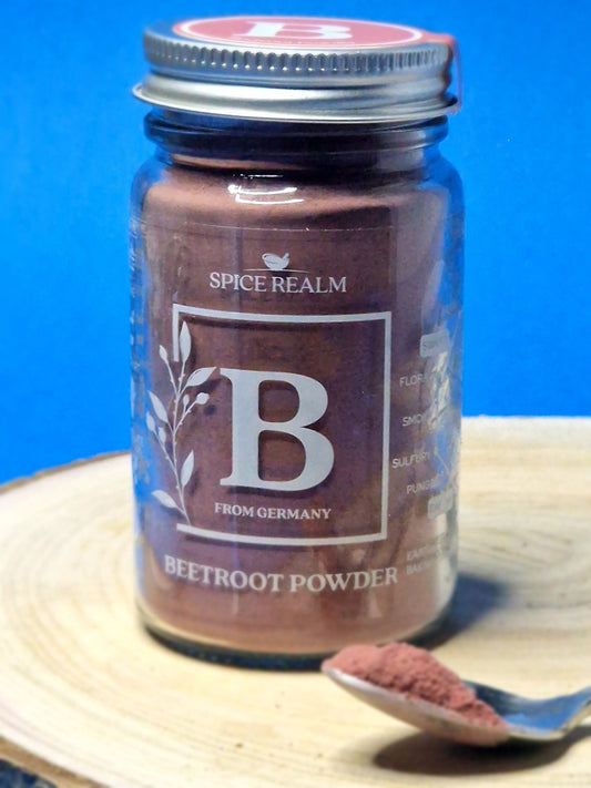 Jar of organic Beetroot Powder, displaying its vibrant magenta colour and fine texture