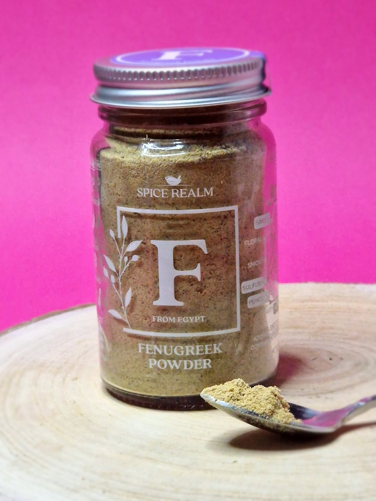 Jar of organic Fenugreek Powder, exhibiting its yellowish-brown colour and fine, powdery texture