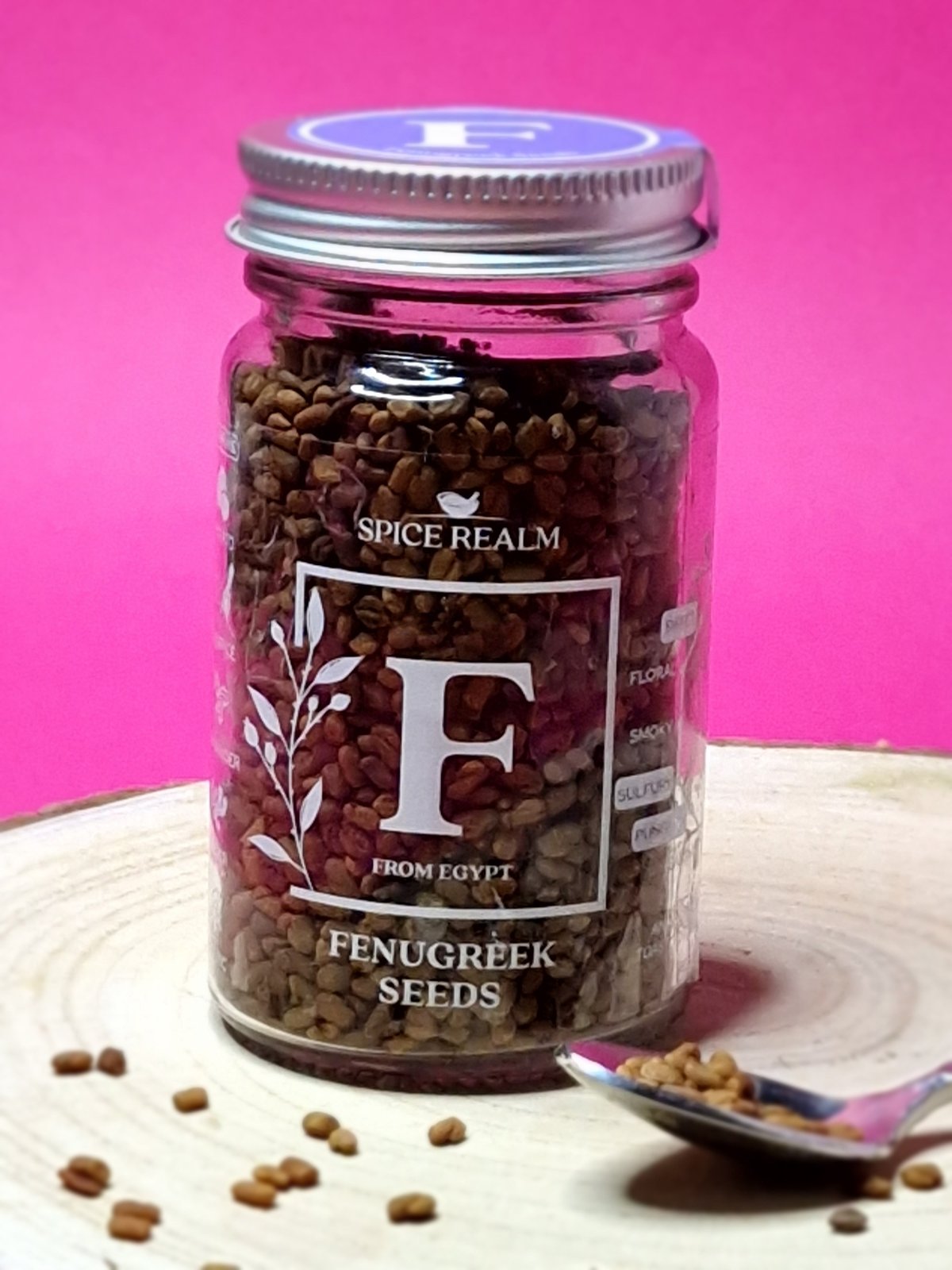 Jar of organic Fenugreek Seeds, showcasing their small, angular shape and golden-brown colour