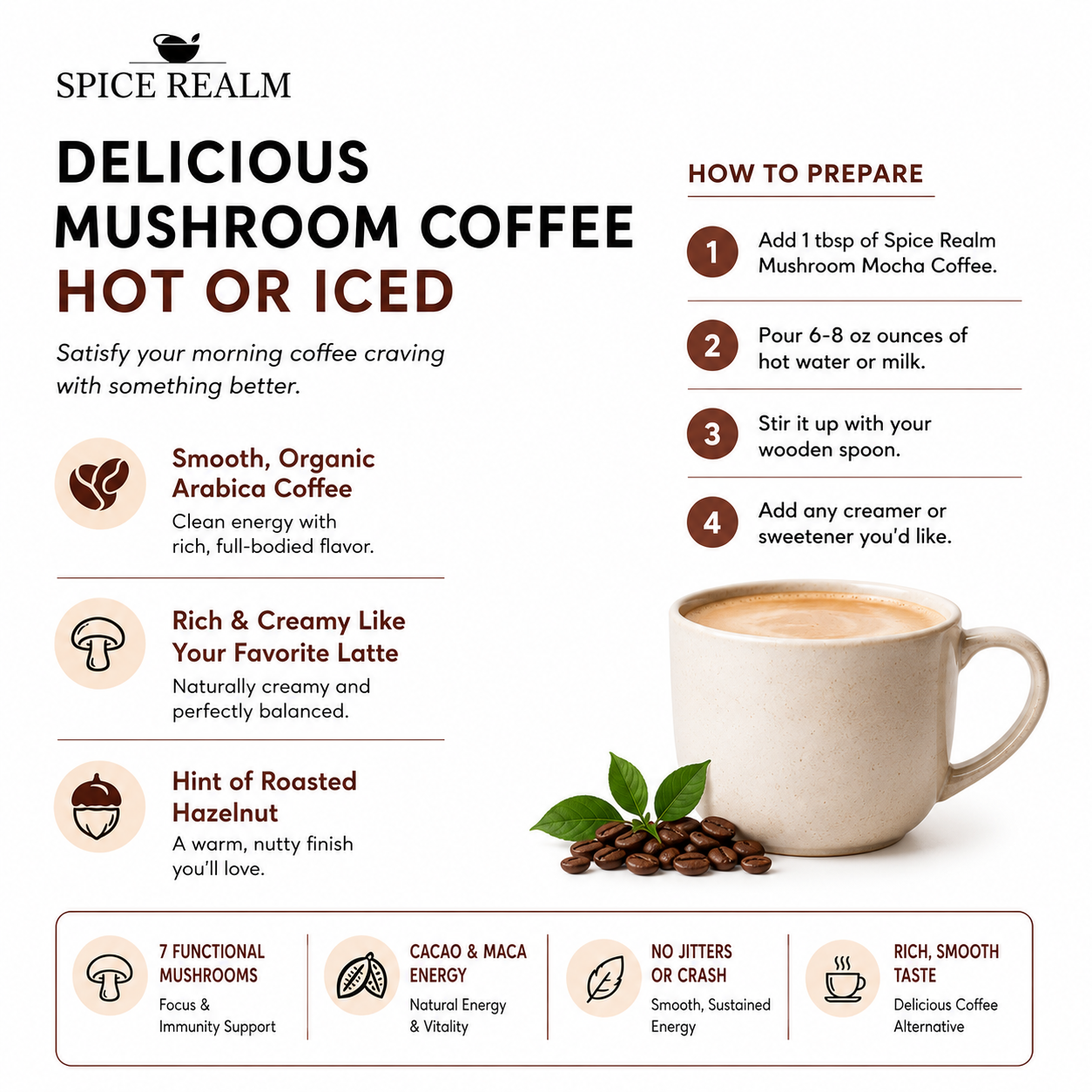 Spice Realm Mushroom Mocha Coffee Alternative – smooth Arabica coffee with roasted hazelnut flavour, served hot or iced