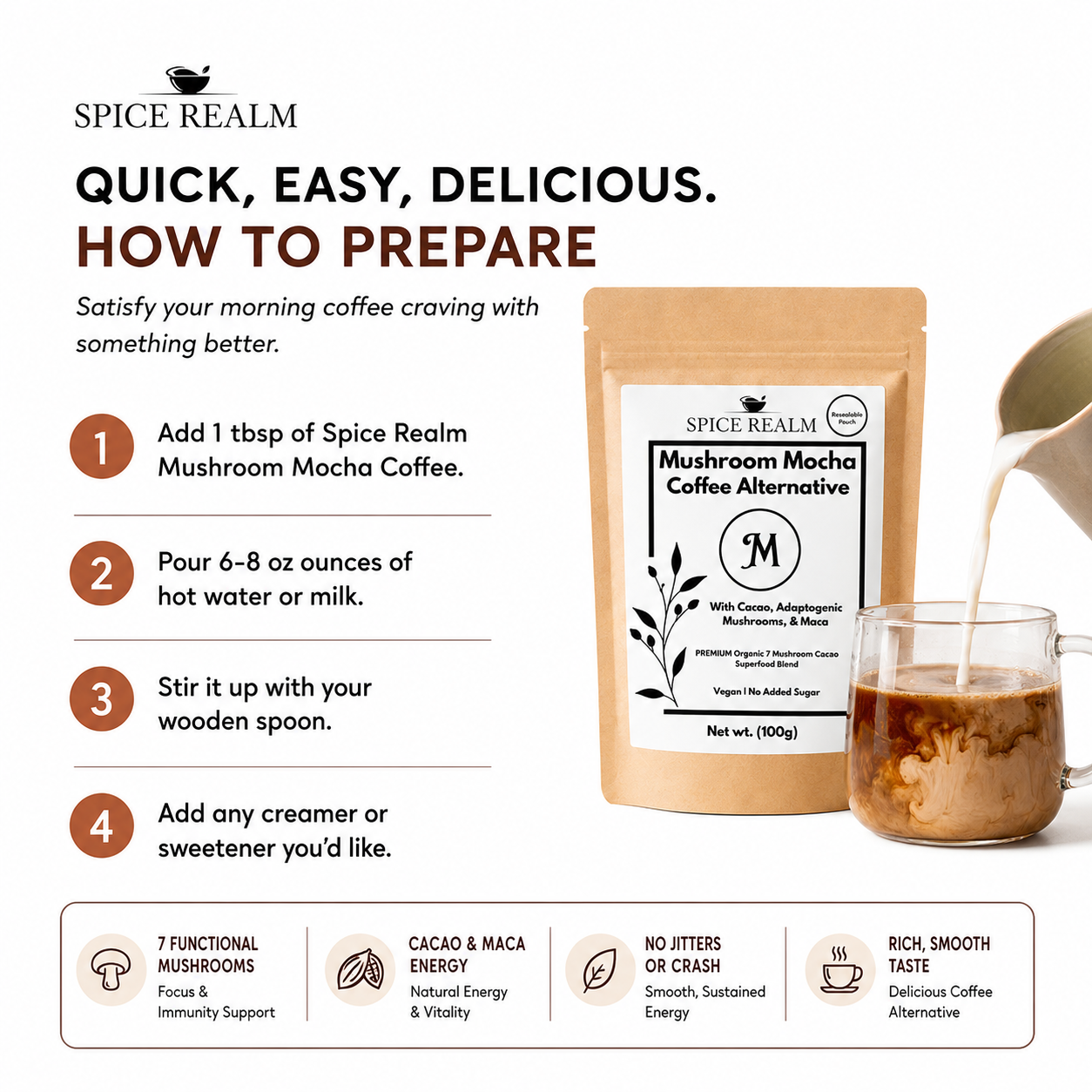How to prepare Spice Realm Mushroom Mocha Coffee Alternative – 4-step brewing guide with pouch and glass mug