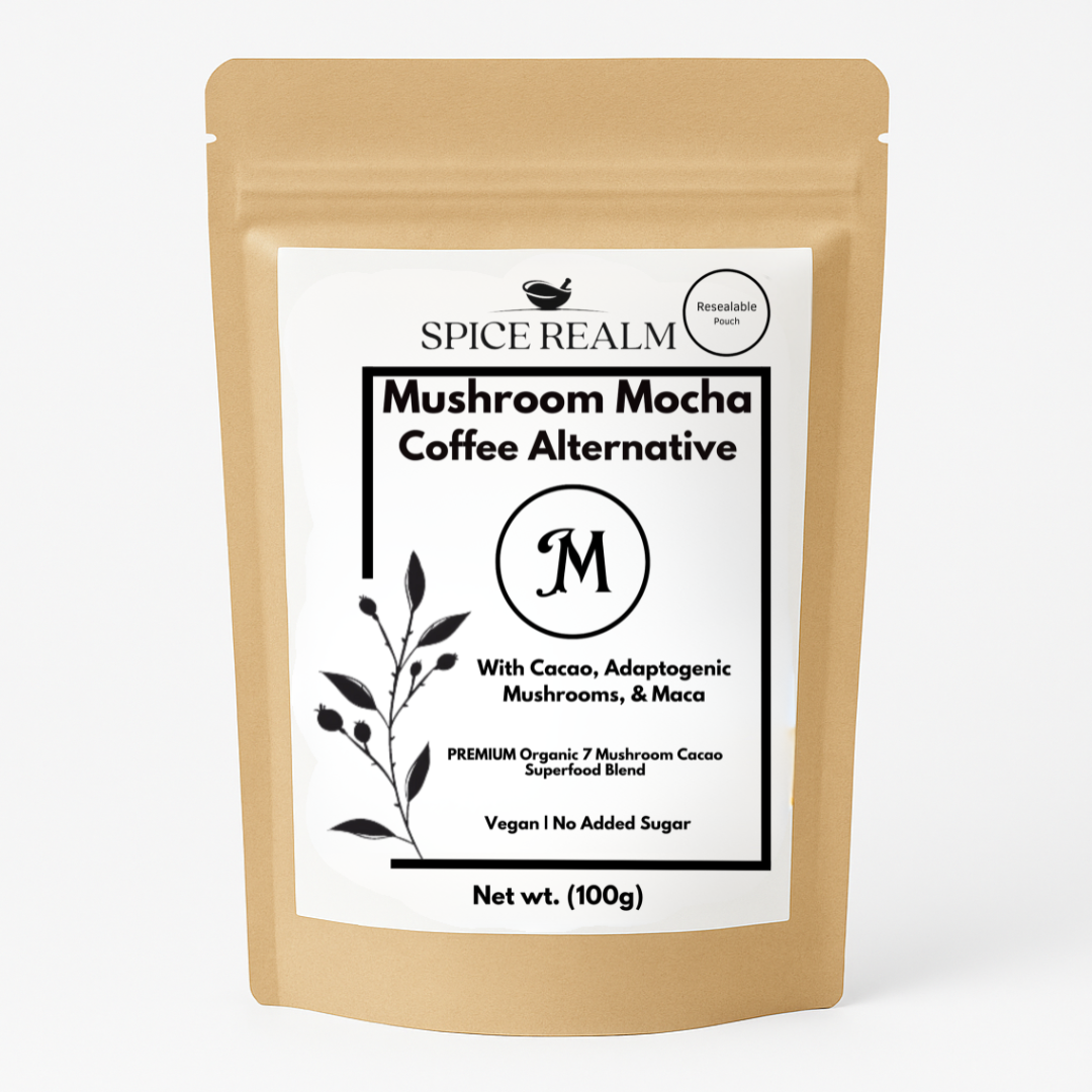 Spice Realm Mushroom Mocha Coffee Alternative pouch – adaptogenic mushroom cacao blend, 100g, UK