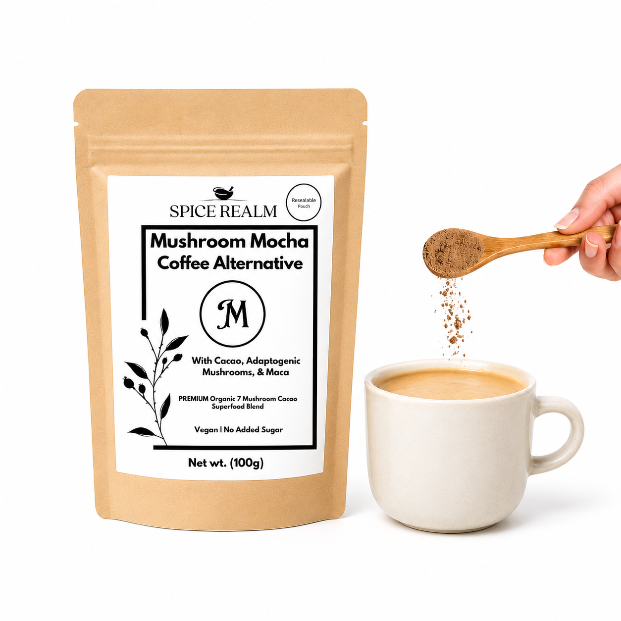 Mushroom Mocha Coffee Alternative pouch being spooned into a cup – Spice Realm adaptogenic mushroom coffee, UK