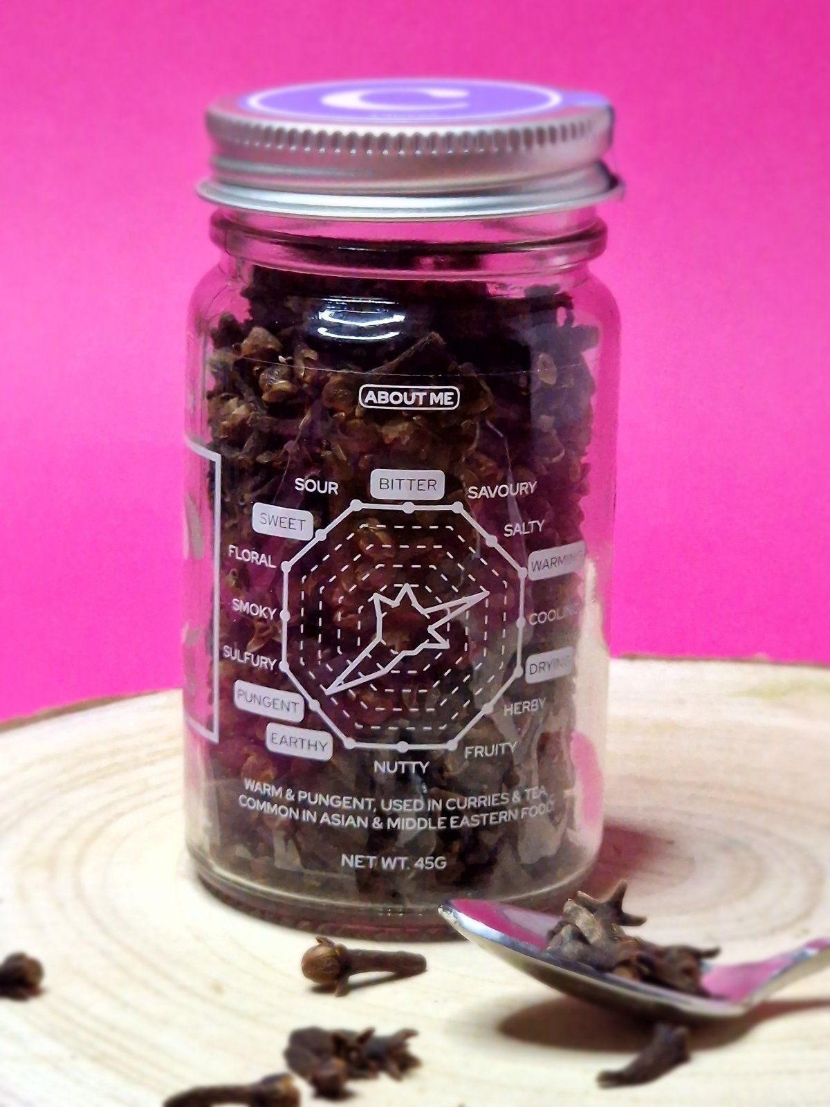 Flavour profile diagram of Cloves highlighting their intense, warm-sweet aroma and slightly bitter taste