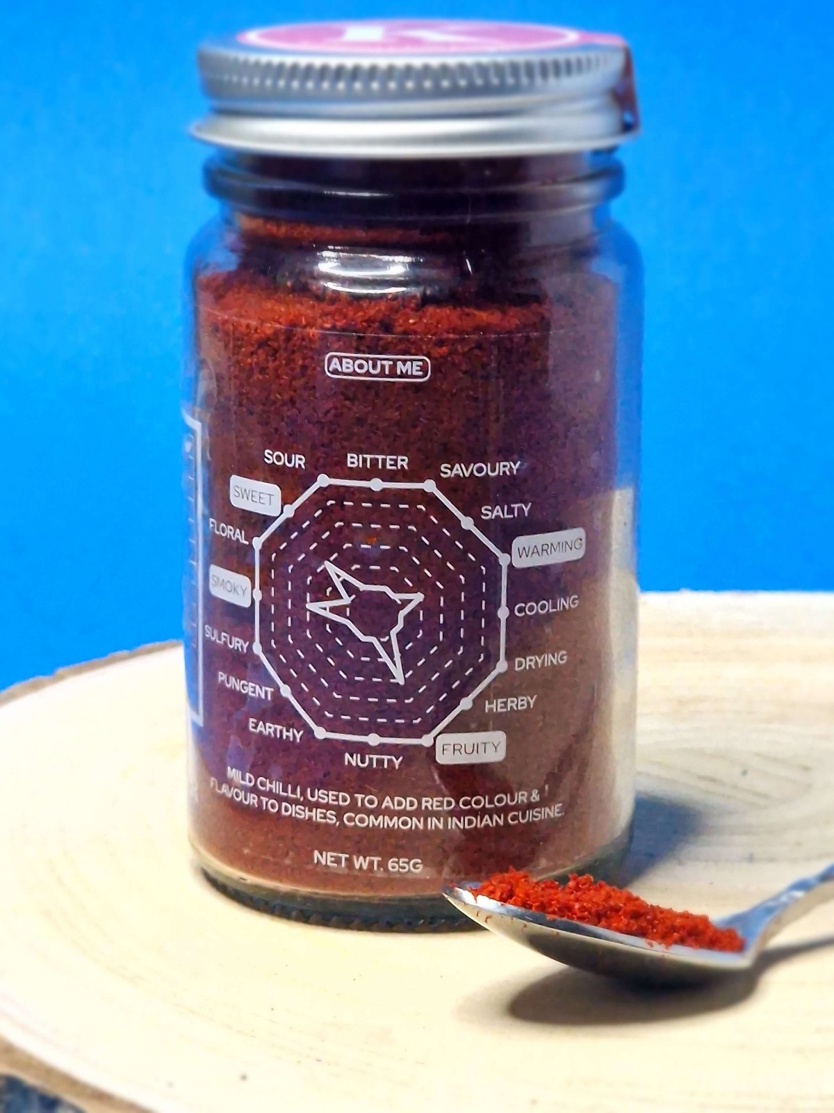 Flavour profile chart for Kashmiri Chilli Powder illustrating its mild heat and rich, smoky flavour