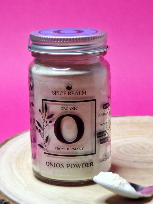 Jar of organic Onion Powder, displaying its off-white colour and fine, granular consistency