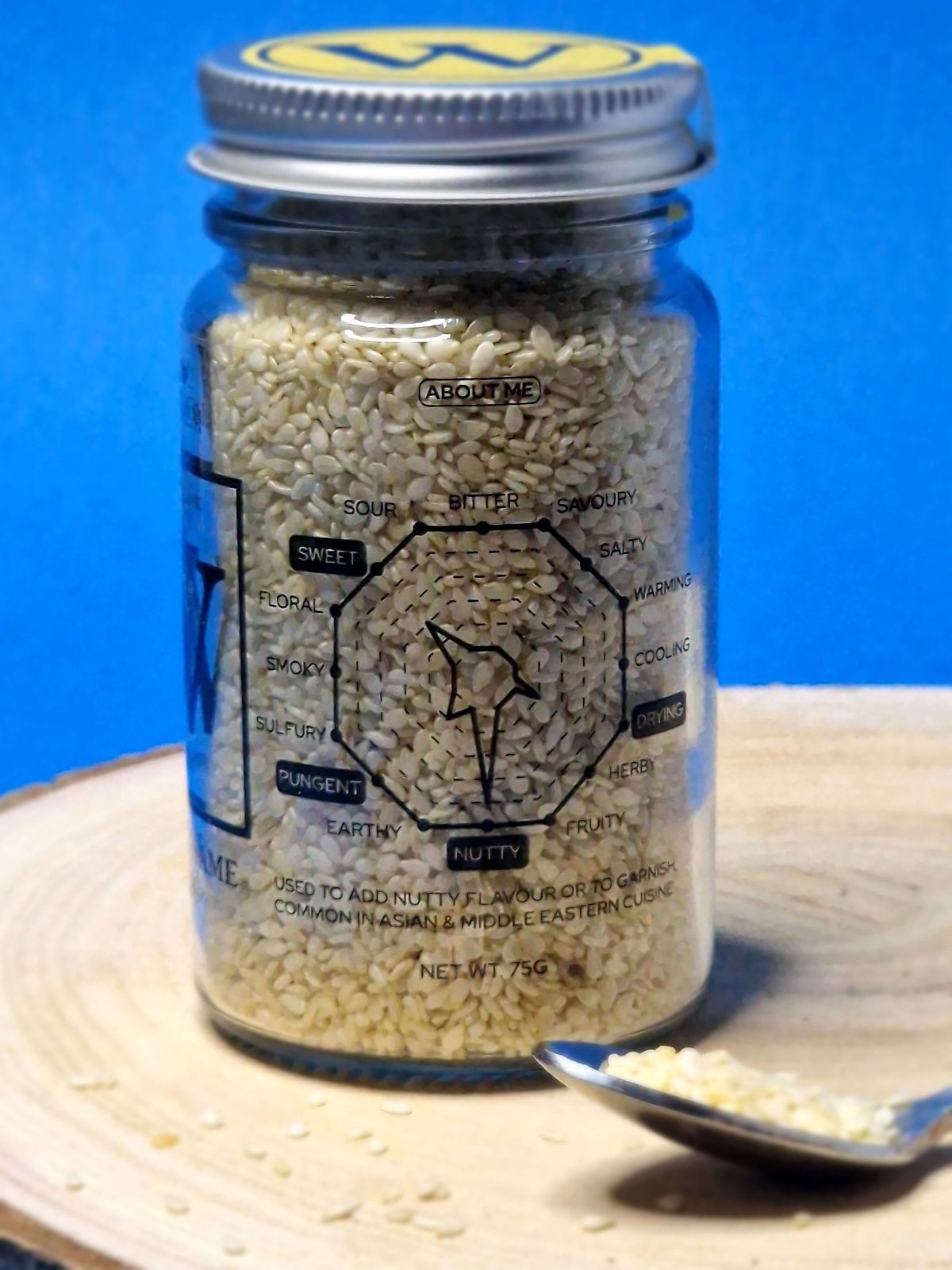 Flavour wheel for White Sesame Seeds depicting their nutty, slightly sweet taste with a subtle crunch